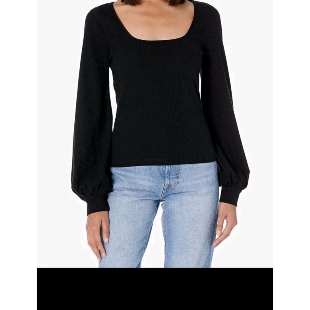 Lucyswhims x The Drop Black Ribbed Square Neck Balloon Sleeve Top Small